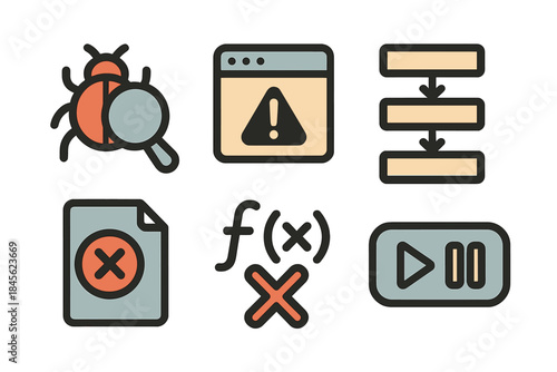 Colorful error and debugging icons for software development