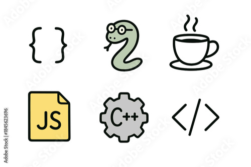 Illustration of programming icons including python and javascript