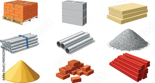 Detailed isometric vector set of essential construction and building materials including bricks, cement blocks, sand, aggregate, insulation boards,