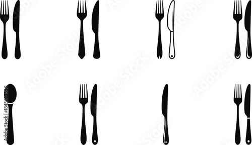 A diverse collection of minimalist black and white cutlery icons and silhouettes