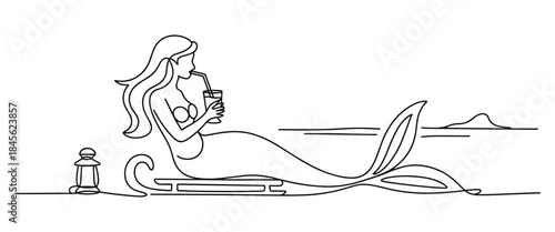 Mermaid Relaxing on Beach with Drink