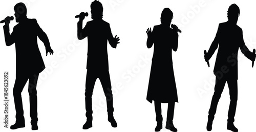 Silhouettes of Male Singers Performance Group Standing on Stage with Microphones at a Live Concert or Karaoke Night Event Vector Illustration Design.