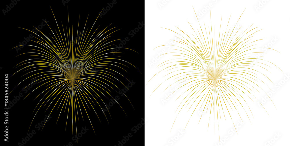 Fototapeta premium An elegant golden firework design, presented on both dark and light backgrounds, offering a rich, luxurious theme for a sophisticated Happy New Year greeting or invitation.
