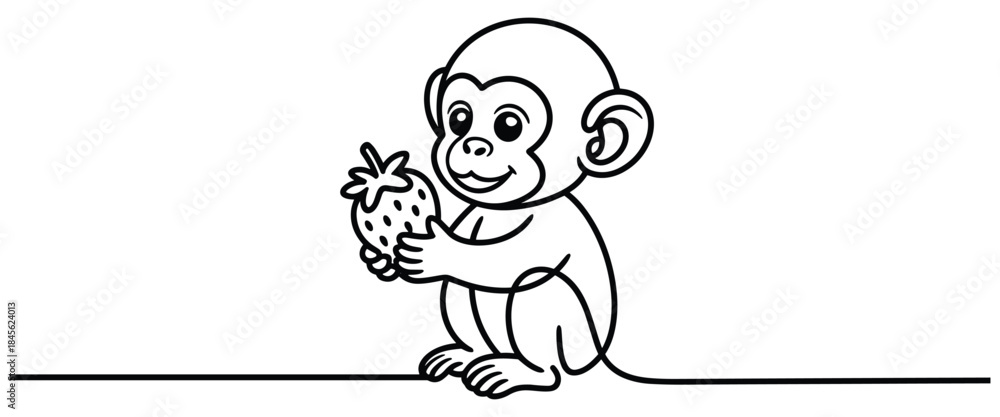 Fototapeta premium Monkey holding strawberry sitting on floor