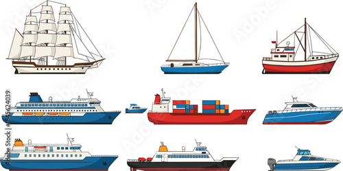 Diverse maritime transport vector collection showcasing various detailed ships including a sailing frigate, modern cruise liner, container cargo vessel, fishing trawler, yachts, and motorboats.