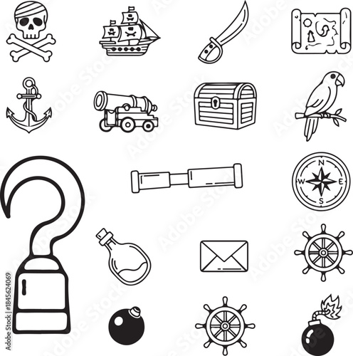 Collection of pirate themed icons illustration