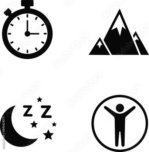 A collection of icons representing time, nature, sleep, and human well-being