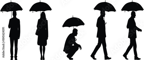Black Silhouette Collection of Professional Businessmen Carrying and Holding Umbrellas for Rain Weather Protection and Autumn Season Corporate Design Concepts