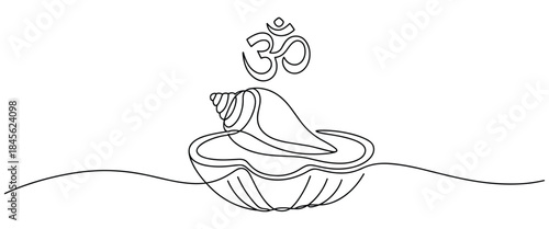 Om symbol above conch shell on water surface