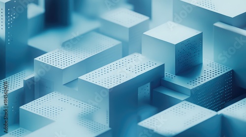 Fototapeta Naklejka Na Ścianę i Meble -  Abstract 3d rendering showing light blue geometric block shapes with perforated surfaces, illustrating concepts of data, technology, connectivity, and digital structures