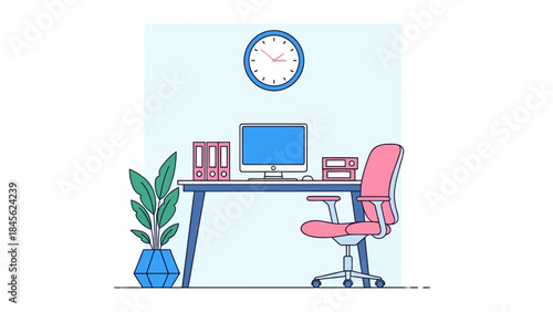 Vector Illustration of a Modern Office Workspace with Desk and Plant
