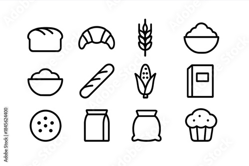 Set of baking ingredient icons with bread, grains, and pastries
