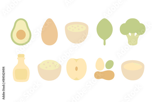 Glowing healthy food icons with avocado, broccoli and spinach