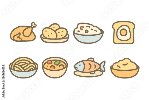 Colorful food icons collection with various dishes and meals