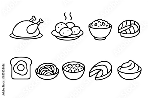 Black food icon set with various dishes on dark background