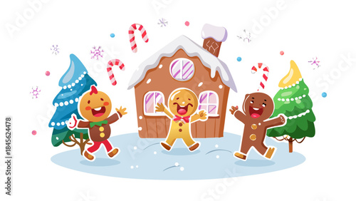 Happy cartoon gingerbread characters dancing around a candy-decorated house, icing snow falling, fun Christmas party vibe.
