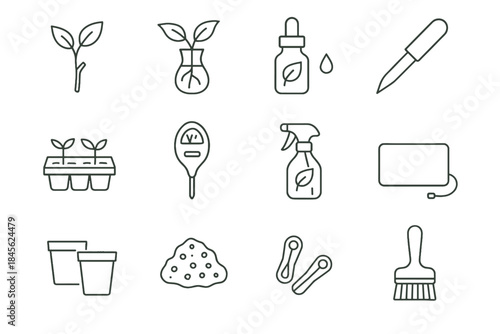 Propagation rooting icon tray spray indoor brush vector knife plant mix cuttings