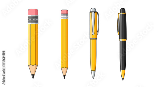 Illustration of a Pencil and Pens: Yellow Pencil, Yellow Pen, and Black Pen with Yellow Details