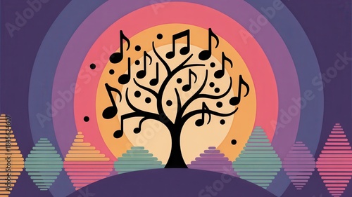 Abstract Tree of Music Notes with Colorful Sunset Background.