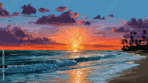 Vivid Sunset Beach Painting with Ocean View for Design Projects