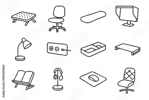 Vector ergonomics hood cable elevated mount icons book workspace icon neck adjustable