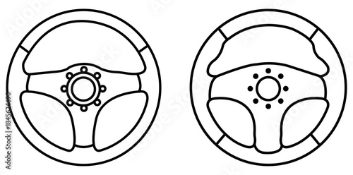 Steering Wheels Two stylish steering wheels, one sleek and modern, the other classic and refined, designed for optimal control and driving experience.