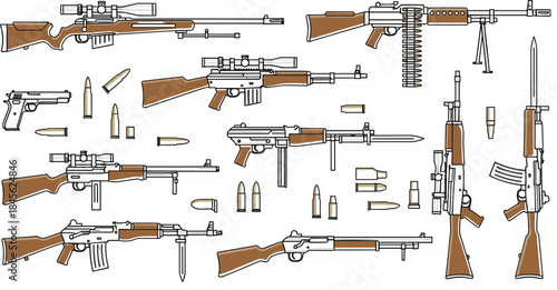 Detailed linear vector set of various historic and modern small arms, including sniper rifles, machine guns, a pistol, and various calibers of ammunition and bullets.