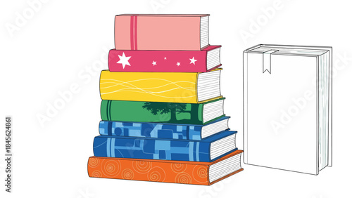Vectorized Illustration of a Stack of Colorful Books with a Bookmark