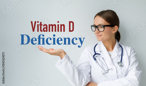 A woman in a white lab coat is holding up a hand with a sign that says Vitamin D Deficiency.