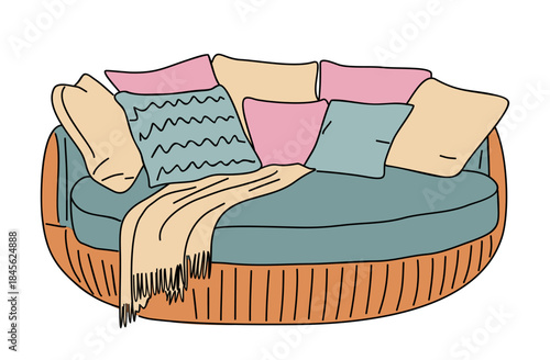 Circular daybed with teal cushion, wooden frame, pastel pillows, and cozy throw. Hand-drawn minimalist vector illustration isolated on transparent background
