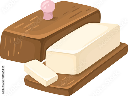 Illustration of Butter on a Wooden Mold. Cozy kitchen. Vector.