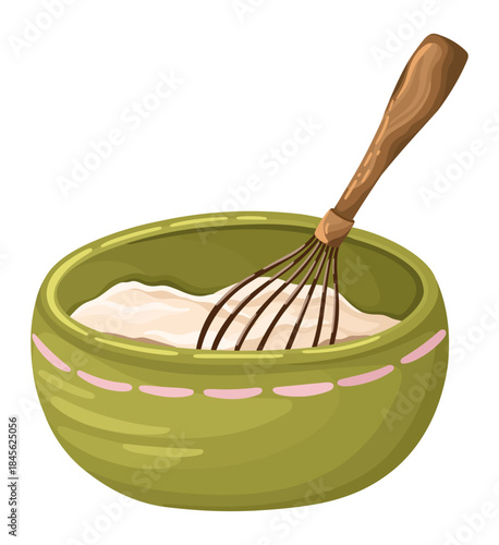 Illustration of a bowl with a whisk and cream. Cozy kitchen. Vector.