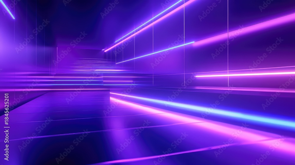 Fototapeta premium Abstract futuristic tunnel featuring glowing vibrant neon light streams creating a dynamic, modern, and high tech pathway, symbolizing data flow, virtual reality, and future technology