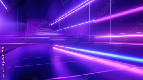 Fototapeta Naklejka Na Ścianę i Meble -  Abstract futuristic tunnel featuring glowing vibrant neon light streams creating a dynamic, modern, and high tech pathway, symbolizing data flow, virtual reality, and future technology