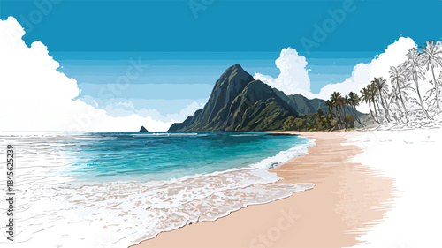 Serene Beach and Majestic Mountain Overlooking Ocean - Nature Landscape Image