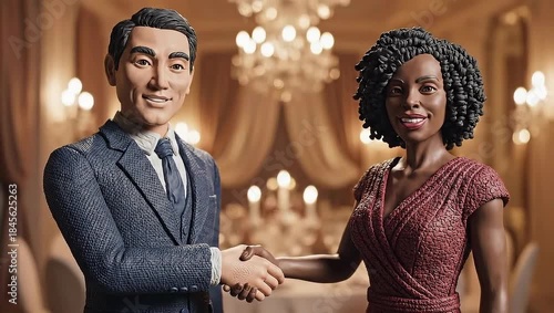 Animated Business Deal - Diverse Professionals Shaking Hands in Formal Setting.