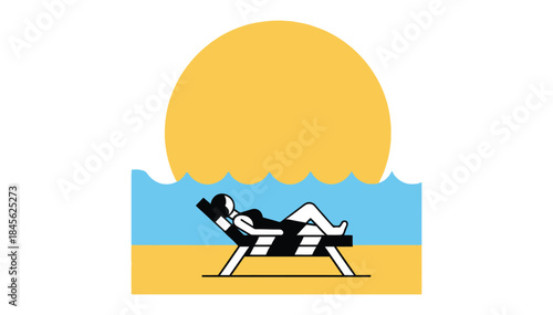Vacationer unwinding under the warm sun, reclining on a beach chair near blue ocean waves