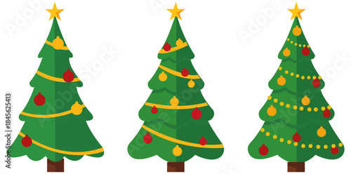 Festive Trio A cheerful ensemble of three vibrantly adorned Christmas trees, each sparkling with festive decorations, including twinkling lights and colorful ornaments.