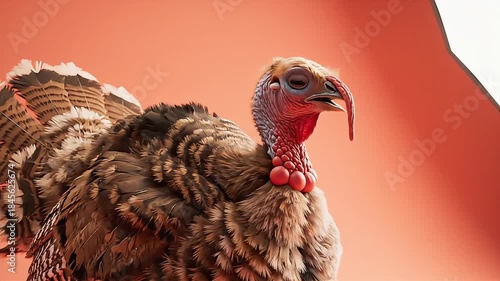 Close-up of a domestic turkey with distinctive red wattle and snood, showcasing its textured brown and white feathers against a warm peach-orange background, perfect for Thanksgiving, holiday season