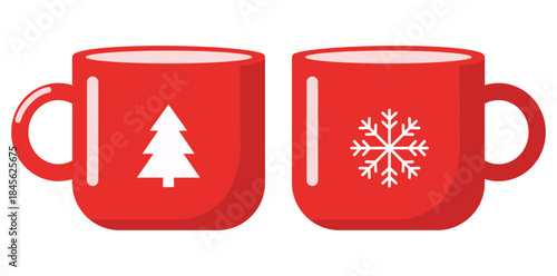 Festive Mugs Charming red mugs with winter designs, the perfect companions for cozy moments, one adorned with a cheerful Christmas tree and the other with a delicate snowflake, evokes holiday cheer.