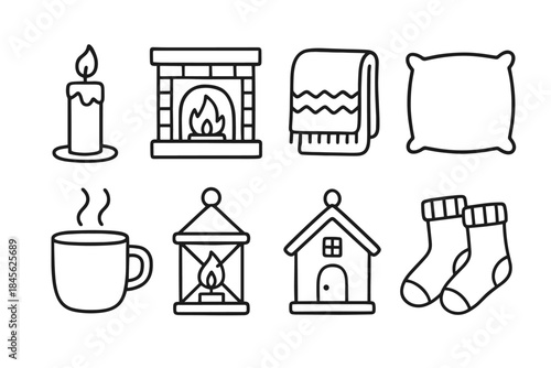 Cozy winter essentials icons in simple black and white style