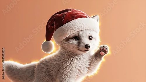 A cute, fluffy white arctic fox cub wearing a festive red Santa hat, happily waving its paw against a warm, glowing orange background, perfect for holiday greetings, children's Christmas content video