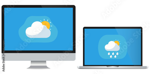 Weather Icon on Digital Devices A stylized weather icon, depicting the sun peeking out from behind a fluffy cloud, adorns the screens of both a computer monitor and a sleek laptop.