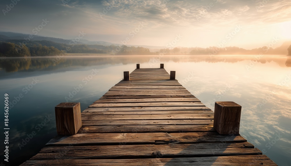 Fototapeta premium Morning On A Summer Day: Lakeside Wooden Pier. Enjoy The Tranquility Of The Lake In The Early Hours Of A Summer Morning.