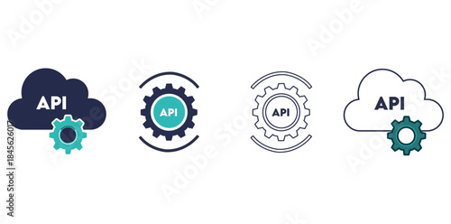 Cloud API Illustration A set of four stylized icons of cloud shapes paired with gears and the abbreviation API, symbolizing the crucial interface for software. 