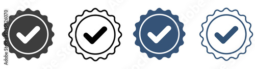 Verification Badges A quartet of meticulously designed badges, each bearing a prominent check mark that stands as a symbol of confirmation. These badges, with their clean aesthetic.