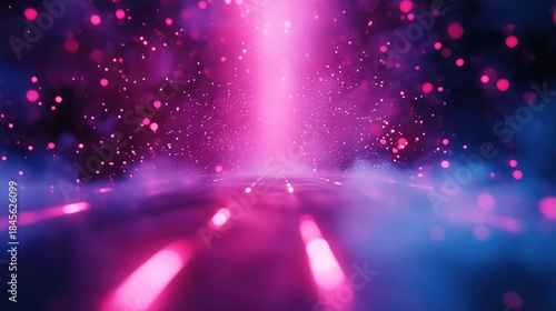 Futuristic magenta spotlight bathes a smoky digital platform amid neon bokeh and sparkling particles, evoking a virtual metaverse stage, energy portal, and immersive tech space