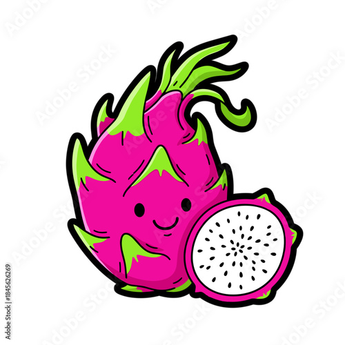 Cartoon dragon fruit character smiling with a cut piece beside it on white background