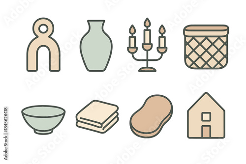 Minimalist home decor icons set including vases and candle holder