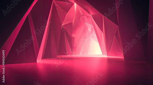 Fototapeta Naklejka Na Ścianę i Meble -  Abstract geometric tunnel structure creating a futuristic background with faceted walls reflecting glowing magenta and pink light towards a bright opening
